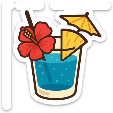 blue tropical cocktail with hibiscus, pineapple, and paper umbrella garnishes, flat toon style sticker