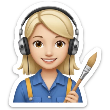female artist wearing headphone, holding painter sticker