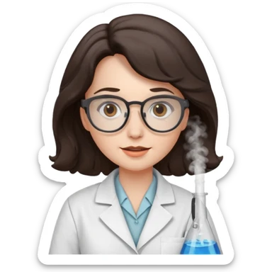 A crazy female scientist, with wavy dark brown hair, brown eyes and grey glasses and pale skin  sticker