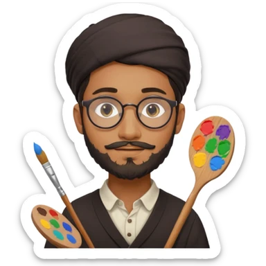 generate an ios genmoji of a 20 year old tan indian boy with rounded spectacles and a AMISH beard, carrying a paintbrush and palette sticker