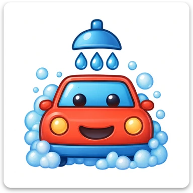 Make this car wash icon look even more like an Apple emoji, with lots of bubbles, a very cute and expressive style, and a glossy emoji finish. Emphasize the Apple emoji look as much as possible in the style of Apple emojis. sticker