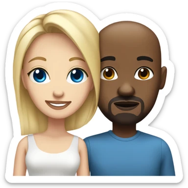 Blonde woman with blue eyes and black man who is bald with a goatee in love with each other  sticker