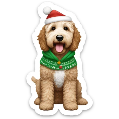 White and brown goldendoodle in a Christmas hoodie sticker