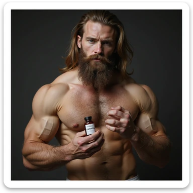 long-haired bodybuilder, hyperrealistic, holding a vial labeled 'CARNITINA', 4k quality sticker