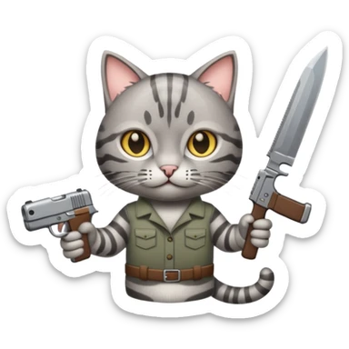 A cat holding a gun and a knife sticker