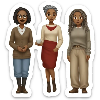 2 women, woman with gray locs, wearing pants , other woman is brown with red locs, in a knee-length dress with a cozy sweater, looking at antique items, such as a vintage lamp or an old teacup, with a table full of trinkets in the background sticker