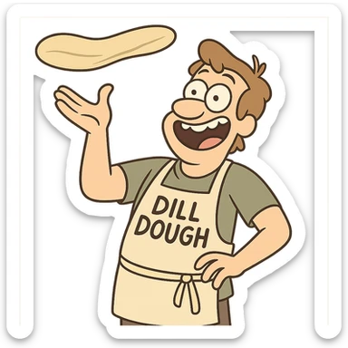 A cartoon character named Dill Dough with light brown hair, wearing an apron, tossing pizza dough in the air, cheerful and goofy expression. sticker