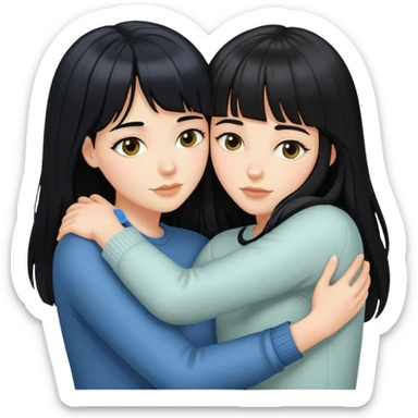 two white girls with long black hair hugging each other, one with bangs sticker