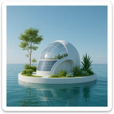 smallest possible solarpunk island, minimalist architecture, one solar dome, a few plants, surrounded by water, clean and futuristic sticker