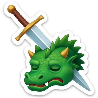 Make the sword much larger, keep the green dragon's head defeated, symbolizing conquering a challenge, in WhatsApp emoji style with no background. sticker