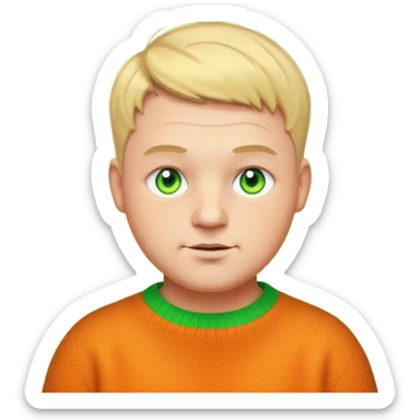 plump 30s man, short cropped hair, unique dark yellowish-orange wool jumper, glowing bright green neon eyes, emoji style sticker