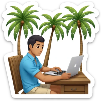 A digital nomad in bali working on a laptop wearing a tropical blue shirt with a palm tree on the side sticker