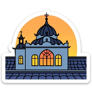 Andalusia style building silhouette with a sunset behind it  sticker