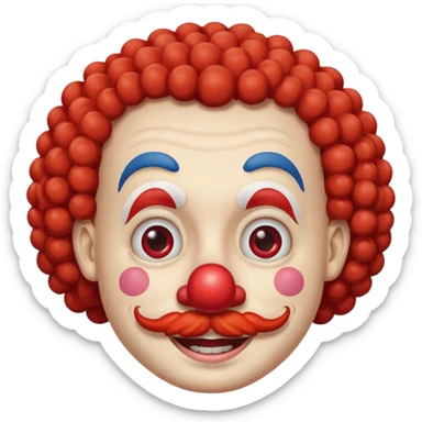Classic clown — curly mustache, red nose sticker