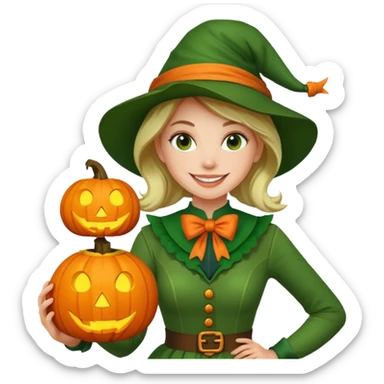 Woman Hunter With Jack o Lantern, wearing green costume, with bow sticker