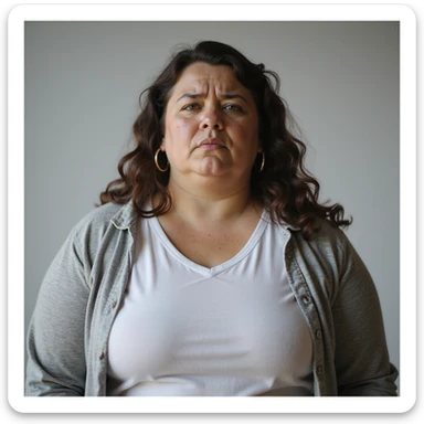 hyperrealistic 4K vertical 9:16 portrait of an overweight woman with a tired or frustrated expression, difficulty losing weight, isolated white background sticker