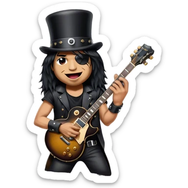 Create a bold and iconic emoji representing Slash with his Gibson guitar. The design should feature Slash wearing his signature black top hat (cylinder) and holding his famous Gibson Les Paul guitar. Make sure to capture his distinctive smudged, smirking expression, with a slightly tanned or smuggled face and large lips. The guitar should be positioned in a rockstar pose, with dark, metallic colors like black and gold to reflect the classic rock aesthetic. The background should be transparent, with a hint of stage lighting to enhance the rock vibe. sticker