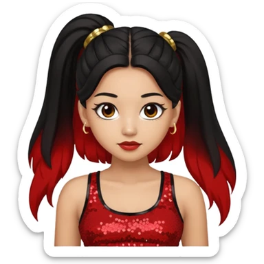 Jade from Bratz with long black ponytail hair, light skin, brown eyes, red sequin crop top sticker