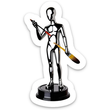 A paintbrush transforming into a silver human silhouette sculpture, symbol of artistic identity, with a gleaming silver metallic finish sticker