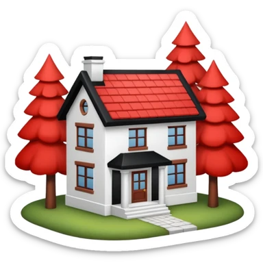 Dom z czarnym dachem i biała elewacja ze wstawkami z czerwonej cegły.Na drugim planie las. sticker