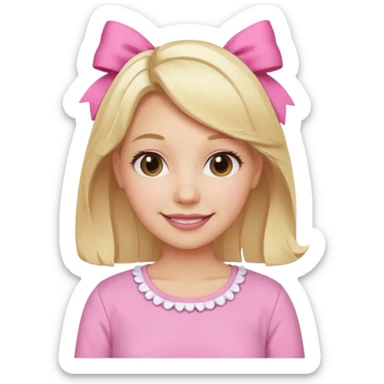 A mom with blonde hair and pink shirt coquett aesthetic style like bows and pink sticker