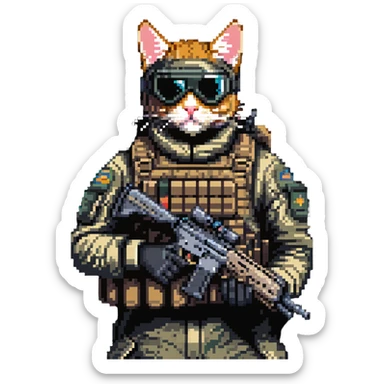 Simple pixel art of man with goggles in tactical gear holding gun and cat sticker