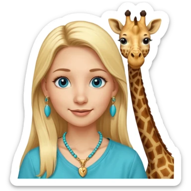 Swedish girl blonde long straigt hair blue eyes turqoise shirt gold earings, girrafe necklace gold small, very long lashes smiling closed mouth,  sticker