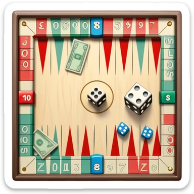 A photorealistic icon featuring a backgammon board with dice, a Monopoly board with money and property cards and a Game of Life spinner. The design captures the detailed textures of the boards, pieces, and accessories. Transparent background. sticker