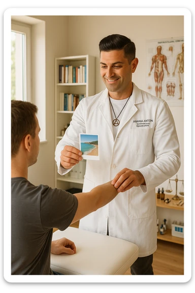 a middle-aged man, dressed in casual professional attire, is in a bright, organized therapy studio. Durante una visita di kinesiologia, il ragazzo tiene con una mano la foto di una persona lontana (il “testimone”) tiene la foto in mano, mentre con l’altra mano esegue un test muscolare su un cliente presente senza foto. Sullo sfondo si vedono libri di kinesiologia, poster anatomici e strumenti tipici della disciplina. L’atmosfera è concentrata e serena, con luce naturale che entra dalla finestra, sottolineando l’aspetto alternativo e umano della pratica. sticker