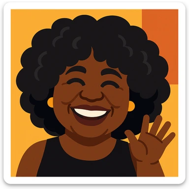 Create another emoji of this lady in a 1970s disco theme, using a color palette of black, silver, gold, and white. Show her waving, in a 70s disco dress and accessories, with joyful expression, in a vibrant toon style. sticker