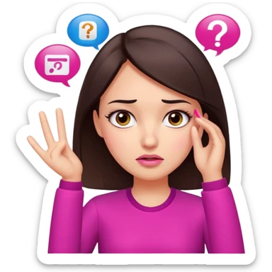 Social media manager. She has dark brown hair, brown eyes, , confused expression, raised eyebrows, questioning face, one hand on the head as if not understanding analytics.. Use vibrant colors with a focus on pink and fuchsia tone sticker