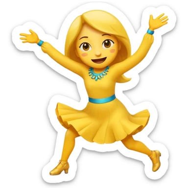 An expressive emoji-style character dancing with lively motion, dynamic pose, joyful energy, and bright, vibrant colors. sticker