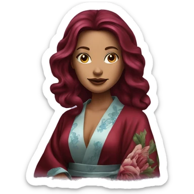 Beautiful tattooed burgundy long haired woman in silk robe sticker