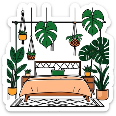 modern bohemian bedroom with monstera plants, hanging planters, macrame wall art, and wooden furniture sticker