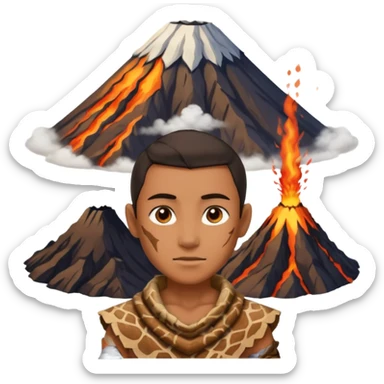a avatar wearing ancient animal skin cloth with volcano behind, half body, icon sticker