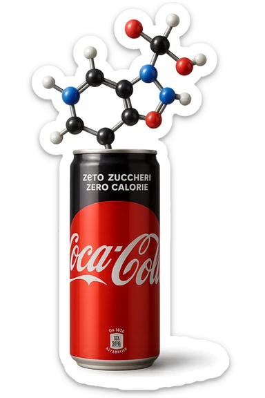 rappresenta una molecola chimica di aspartame che esce da una lattina di coca cola zero, iperrealistica 4k sticker