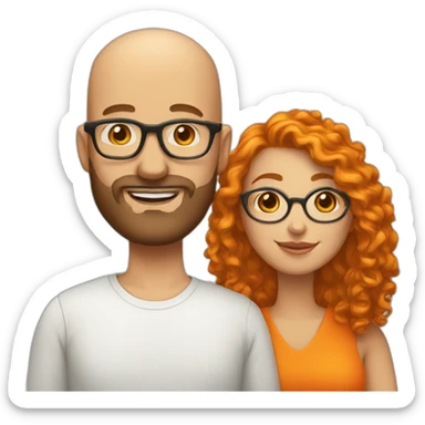 Bald man with beard and optical glasses and his wife with orange short curly and orange hair sticker