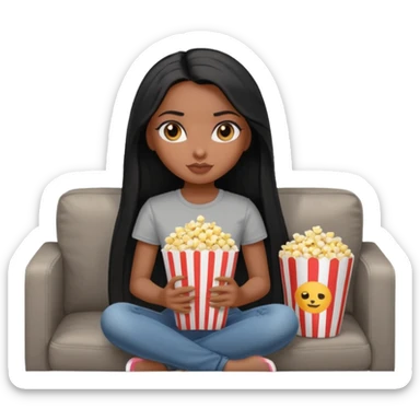 a pretty bratz dusky girl with long straight hair on a couch with popcorn nd wearing a grey tshirt sticker