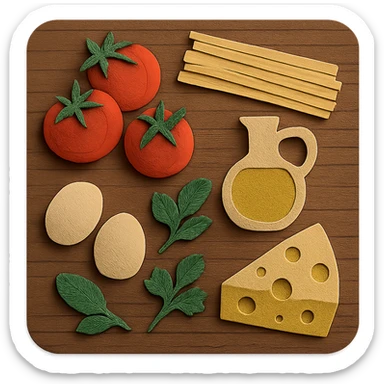 A realistic top-down view of a wooden kitchen table with various common ingredients neatly arranged (like tomatoes, pasta, eggs, cheese, herbs, olive oil). The background should be dark and soft to match a modern app interface. Lighting should highlight the ingredients naturally, with soft shadows. No text, no hands, minimalistic but warm and homely, like a mobile UI background for a cooking app. sticker