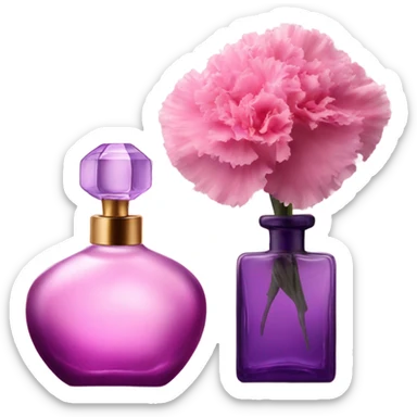 Aesthetic still life of delicate pink carnations beside a vintage purple perfume bottle. sticker