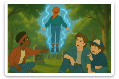 Max from Stranger Things levitating, back view, in front of Lucas, Steve, and Dustin. Lucas is kneeling and stretching his arm toward Max, Steve is looking worried, and Dustin is hiding behind Steve in fear. Render in Ghibli style with wide aspect ratio (16:9), supernatural glowing effects, emotional scene. sticker