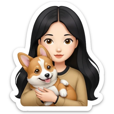 Asian girl with long black hair holding her corgi sable color sticker