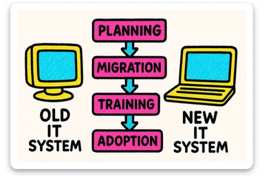 simple diagram illustrating a successful IT transformation: arrows from an old IT system to a new modern system, with intermediate steps labeled planning, migration, training, adoption, colorful and clear style, white background sticker