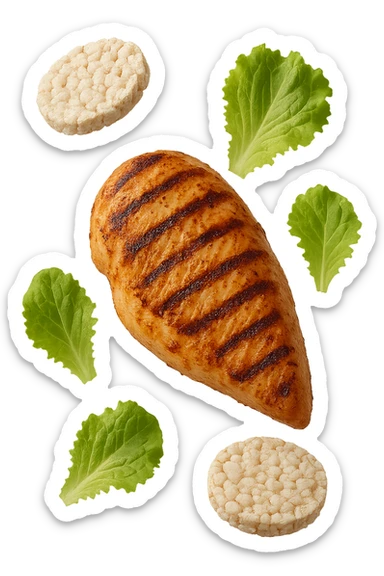 petto di pollo grigliato fluttua in aria insieme a gallette di riso e foglie di insalata, iperrealistico 4k sticker