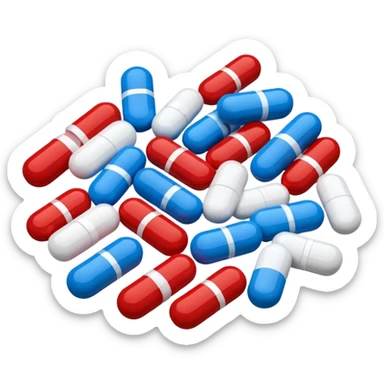 A close-up of mixed pills and capsules, red, white, and blue colors, clean background, light reflections on surface, realistic Memoji-style. sticker