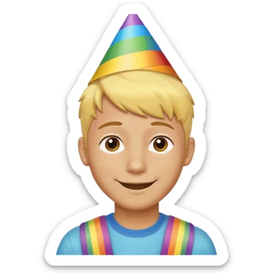 Young man, short yellow hair, rainbow birthday hat, happy sticker