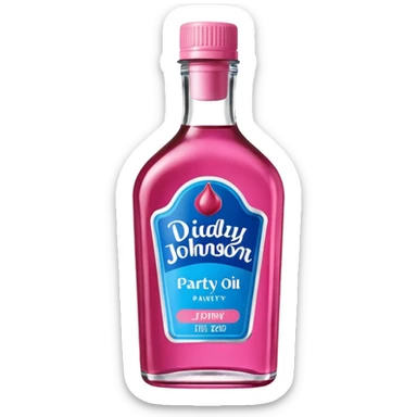 bottle of oil blue top pink outside with logo that says Diddy Party oil Johnson and Johnson  brand with a smiling berry on top sticker