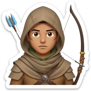 desert archer warrior portrait, head and shoulders only, hooded scarf collar, quiver strap visible, sharp focused eyes, 3D cartoon, mobile game icon style, clean background, no text, no watermark
 sticker