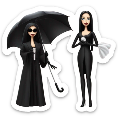 Funeral Barbie,teen Morticia Addams ,drying tears with handkerchief, show full body,accessories  gloves, funeral veil, holding umbrella  sticker