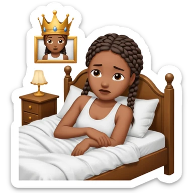 Black woman with braids in a big king size bed on one side by herself crying sticker
